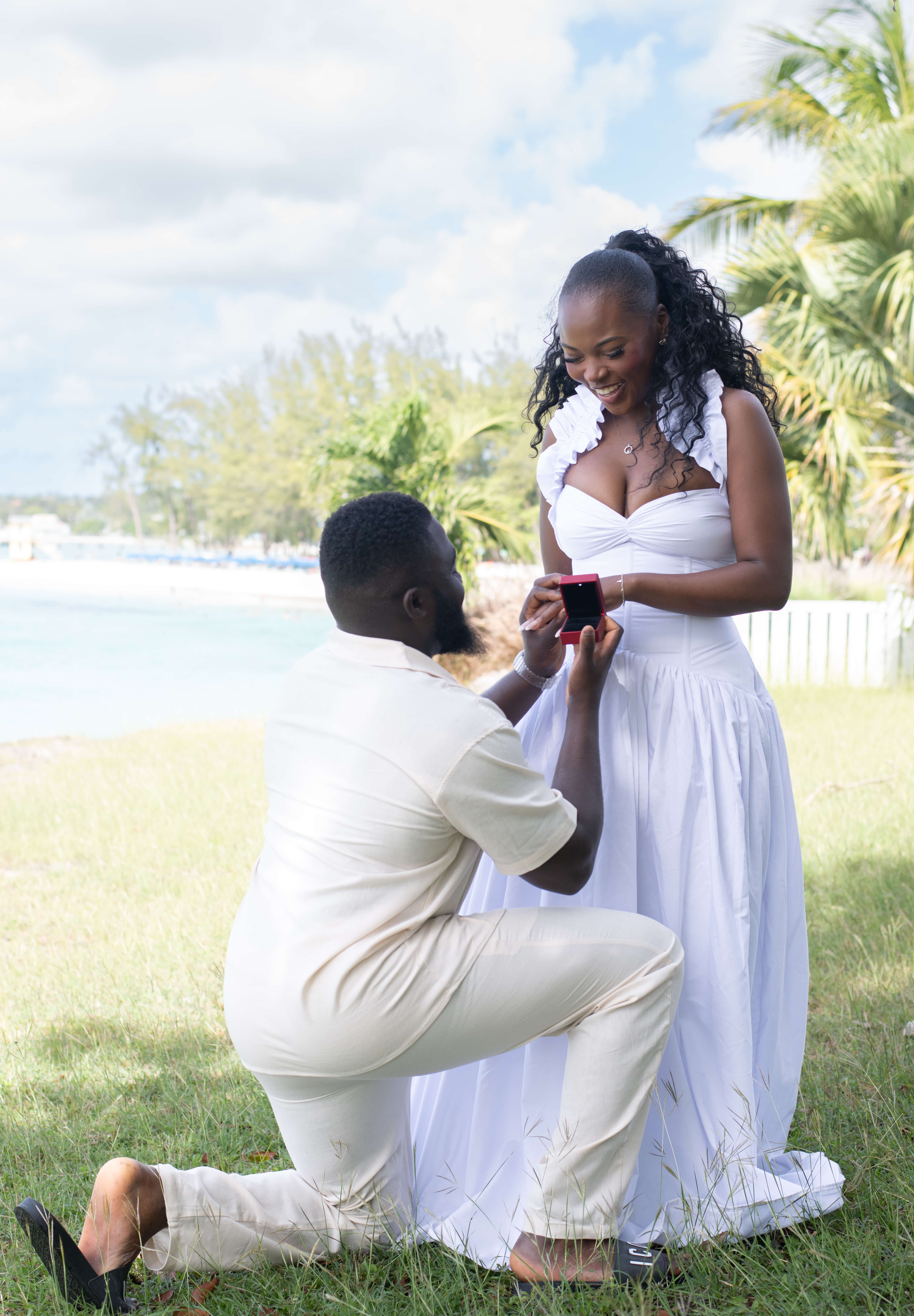 Recreating proposal moment Miami Beach Barbados engagement photoshoot